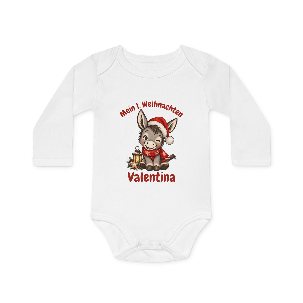 Personalisierter Babybody Mein 1. Weihnachten mit Babyesel in Weihnachtsmütze, Schal und Laterne und Namen des Babys, Geschenk zum ersten Weihnachten