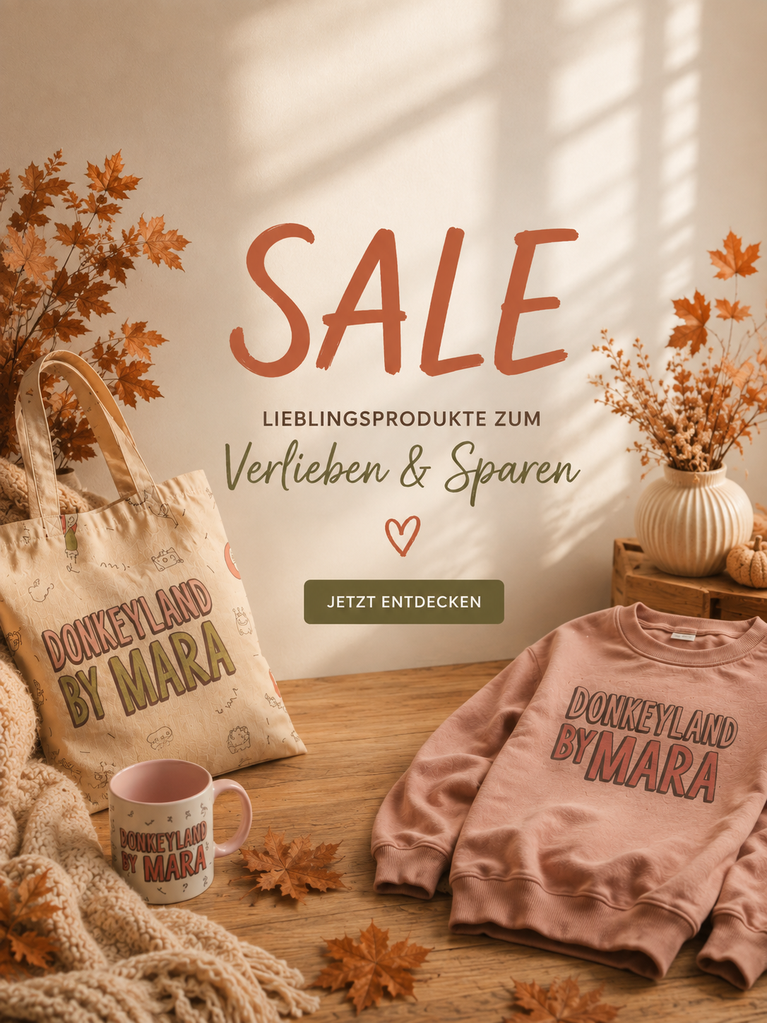 Sale Lieblingsprodukte zum verlieben und sparen, jetzt entdecken. Eine Tasse, ein Stoffbeutel und ein Pullover, jeweils mit dem Aufdruck Donkeyland by Mara, im herbstlichen Setting.