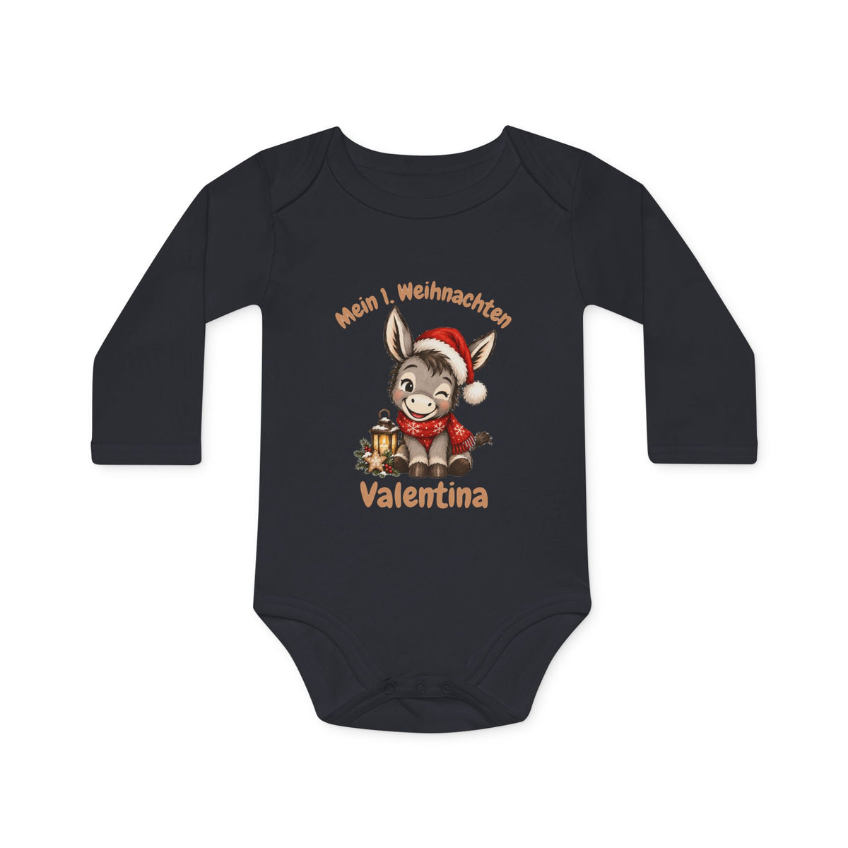 Personalisierter Babybody Mein 1. Weihnachten mit Babyesel in Weihnachtsmütze, Schal und Laterne und Namen des Babys, Geschenk zum ersten Weihnachten