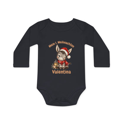 Personalisierter Babybody Mein 1. Weihnachten mit Babyesel in Weihnachtsmütze, Schal und Laterne und Namen des Babys, Geschenk zum ersten Weihnachten