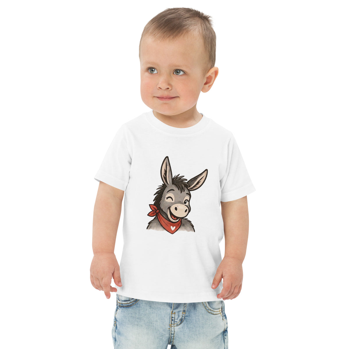 T-Shirt für Kinder von 2 bis 6 Jahren, Motiv ein zwinkernder Esel mit einem roten Halstuch.
