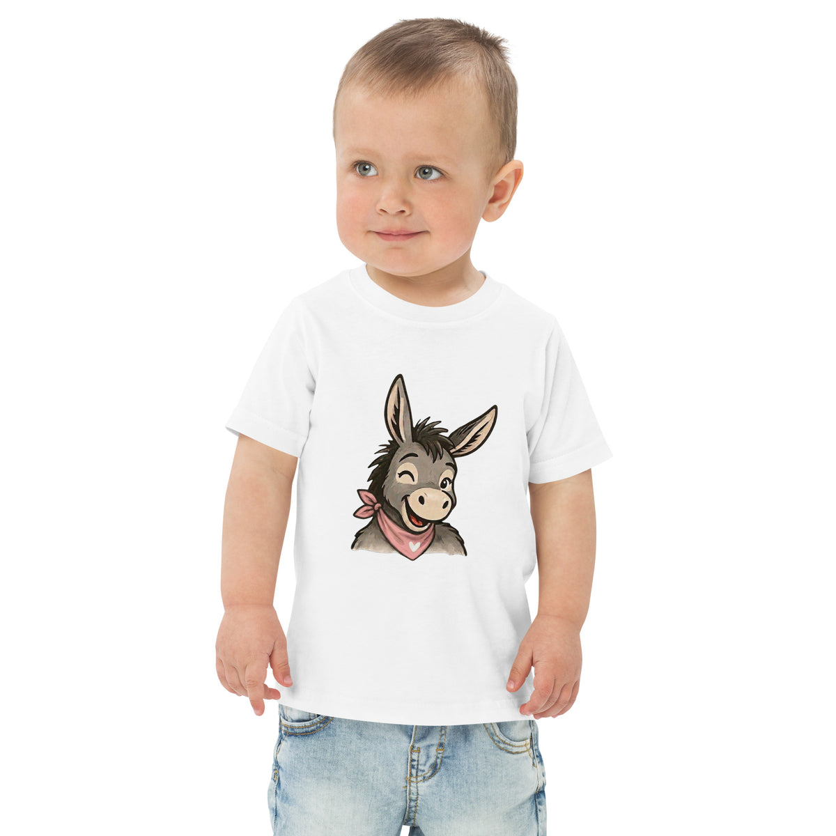 T-Shirt für Kinder von 2 bis 6 Jahren, Motiv ein zwinkernder Esel mit einem rosa Halstuch.